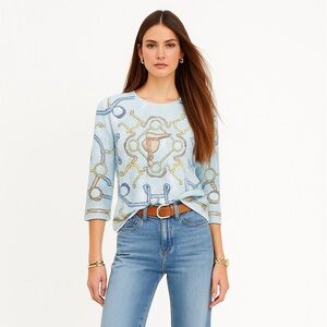 J McLaughlin Corali Sweater Top M Blue Equestrian 3/4 Sleeve Stretch Pullover